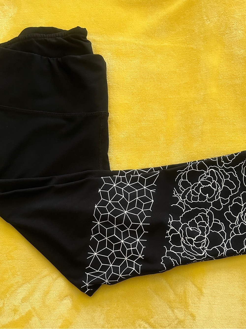 RBX Black Leggings with White Geometric & Floral Panels